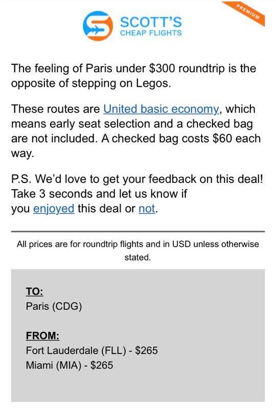 Sample email from Scott's Cheap Flights listing where the sale airfare is to and from