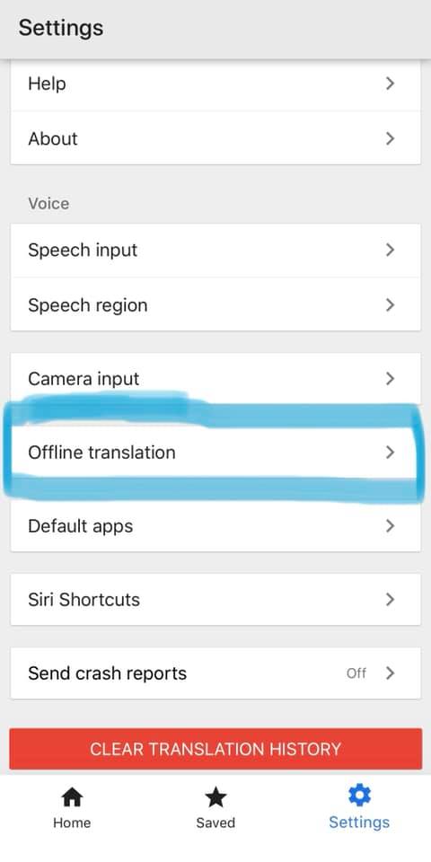 screenshot of google translate app emphasizing "offline translation" option