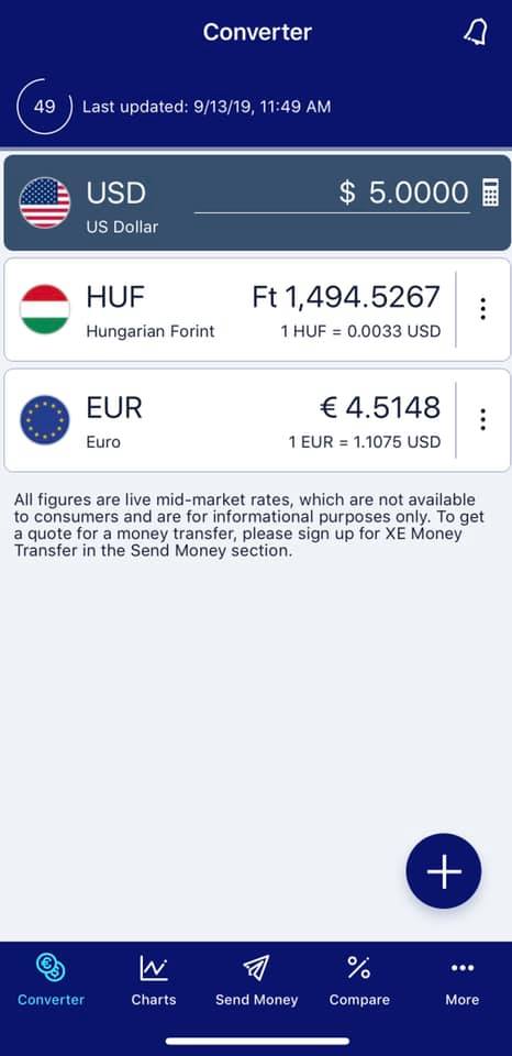 Screenshot of XE currency travel app showing USD currency amount compared to HUF and euros. One of the best travel apps for Europe!