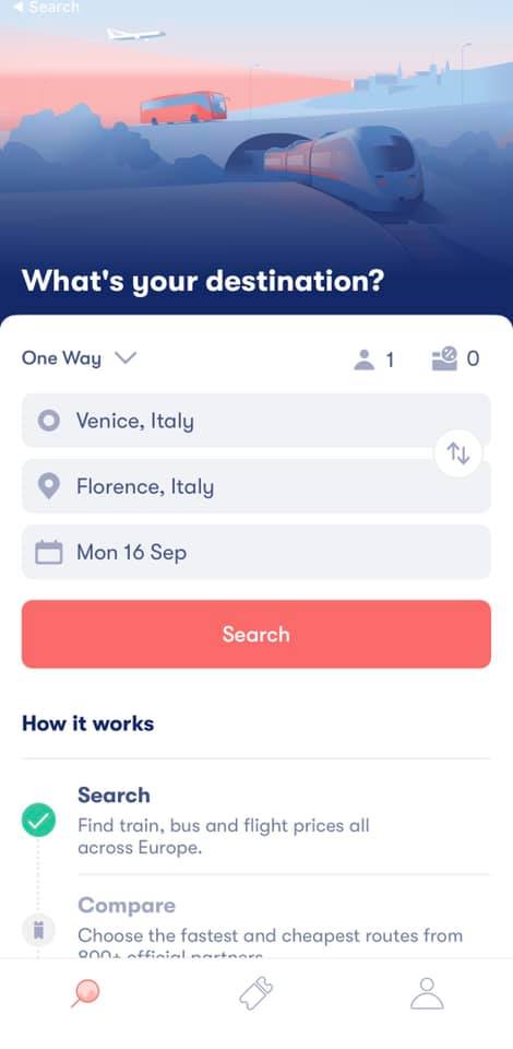 Screenshot of Omio app showing where to put starting and ending destination as well as date