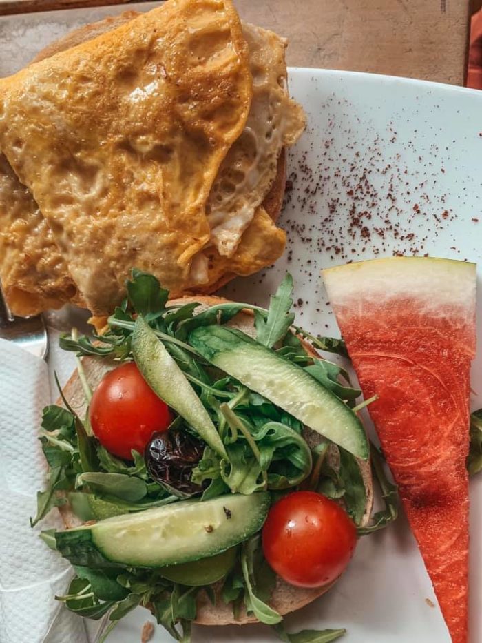 Europe breakfast plate. Eggs, salad, and watermelon