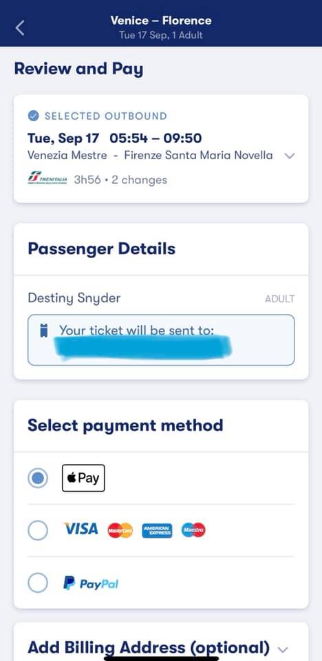 screenshot of omio app showing passenger detail screen