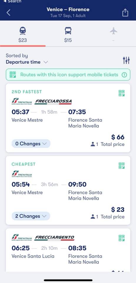 screenshot of omio app showing examples of potential train possibilities