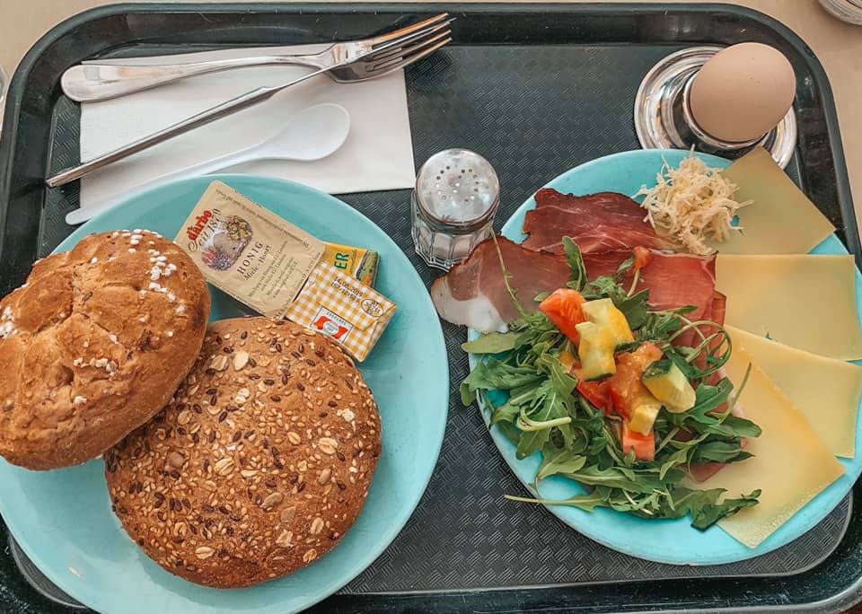 Austrian breakfast. Egg, cheese, prosciutto, and bread. Culture shock in Europe.