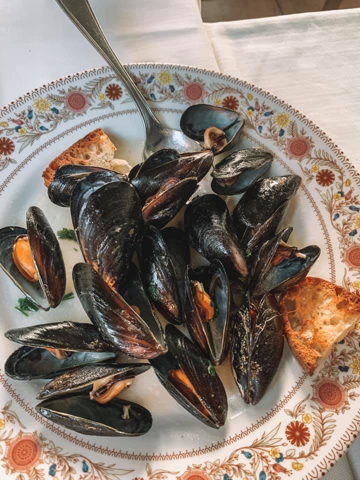 Cooked mussels plated with some toasted points