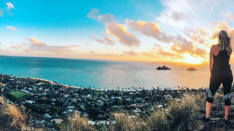 Views at the top of Lani Kai pillbox hike at sunrise near Kailua in Oahu