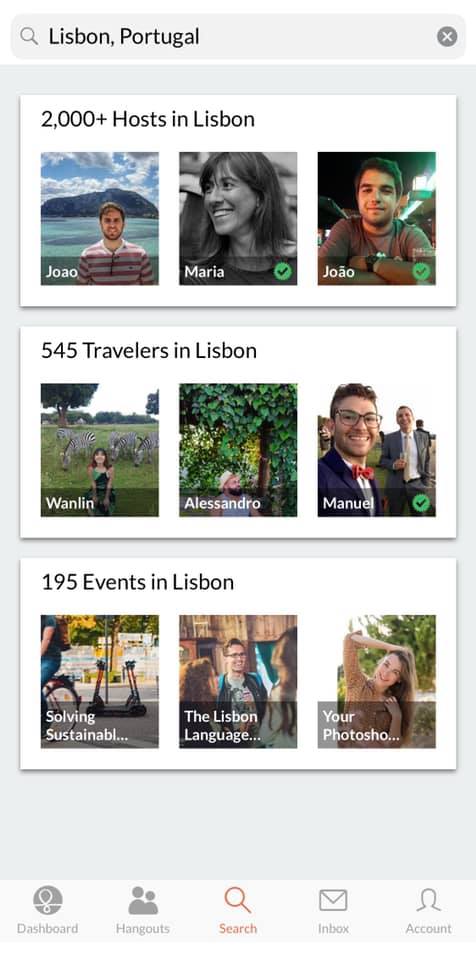 screenshot of the couchsurfing app that shows options as far as hosts, fellow travelers, and events