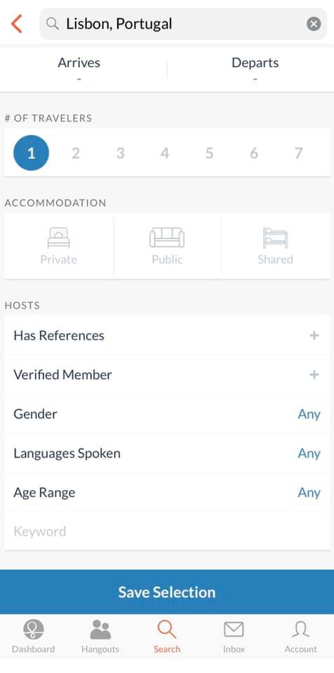 screenshot of the couchsurfing app that shows filters you can select during your search for a host