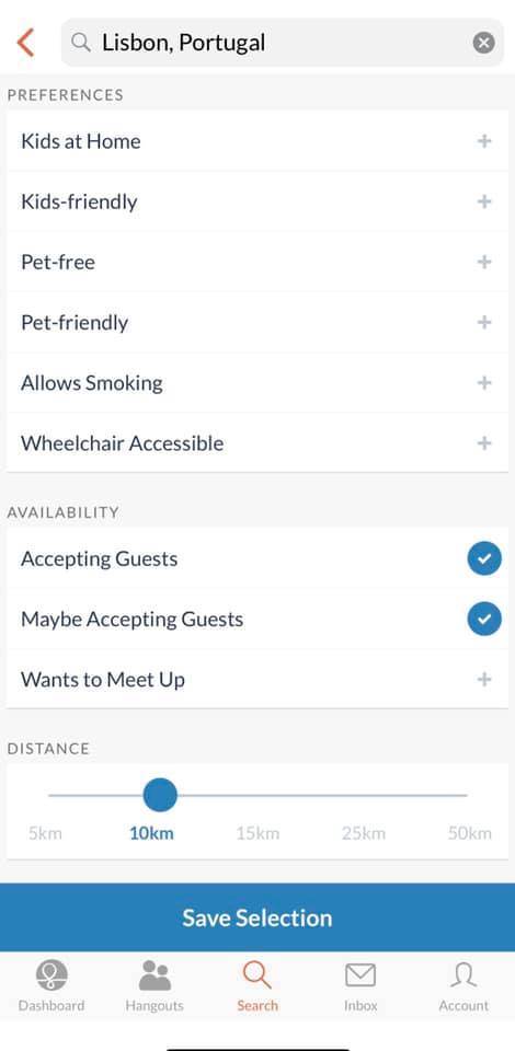 screenshot of couchsurfing app that shows the filters you can select when attempting to pick out a host