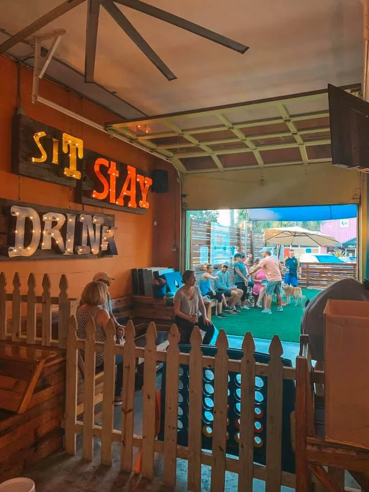 A look to the outside with a fenced area and large words on the wall that read "sit" "stay" and "drink"