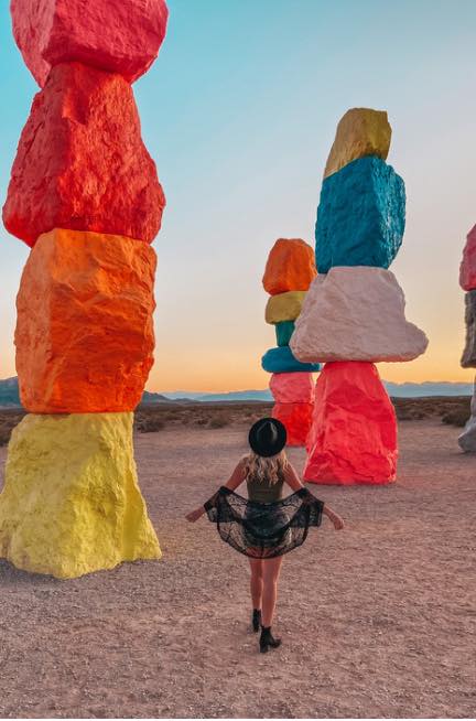 Seven Magic Mountains outside of Las Vegas at sunset