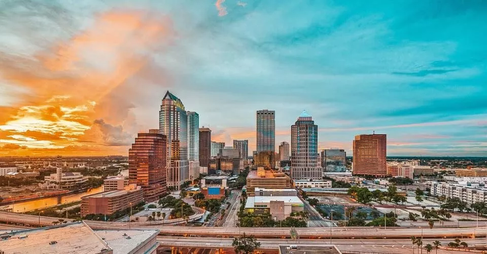 downtown Tampa skyline at sunset