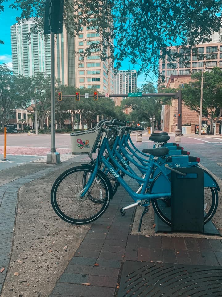 Bicycles for rent lined up in downtown St. Petersburg