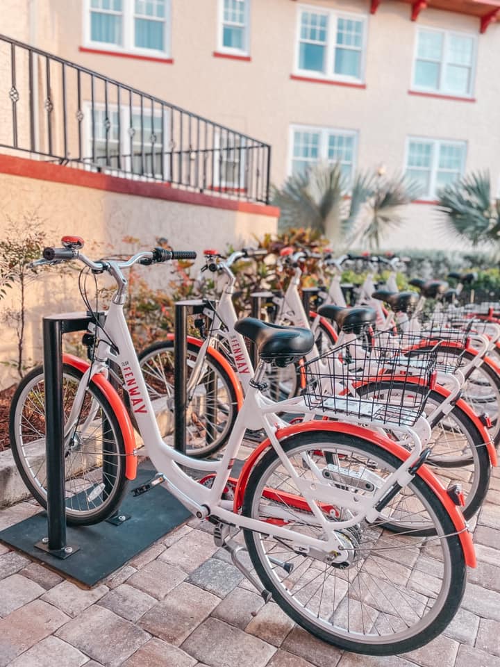 Bikes in bike rack at Fenway Hotel in Dunedin