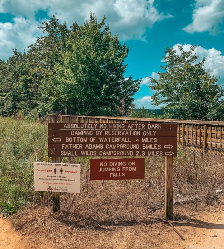 Trail signs for beautiful hike with a waterfall near Chattanooga-- Foster Falls