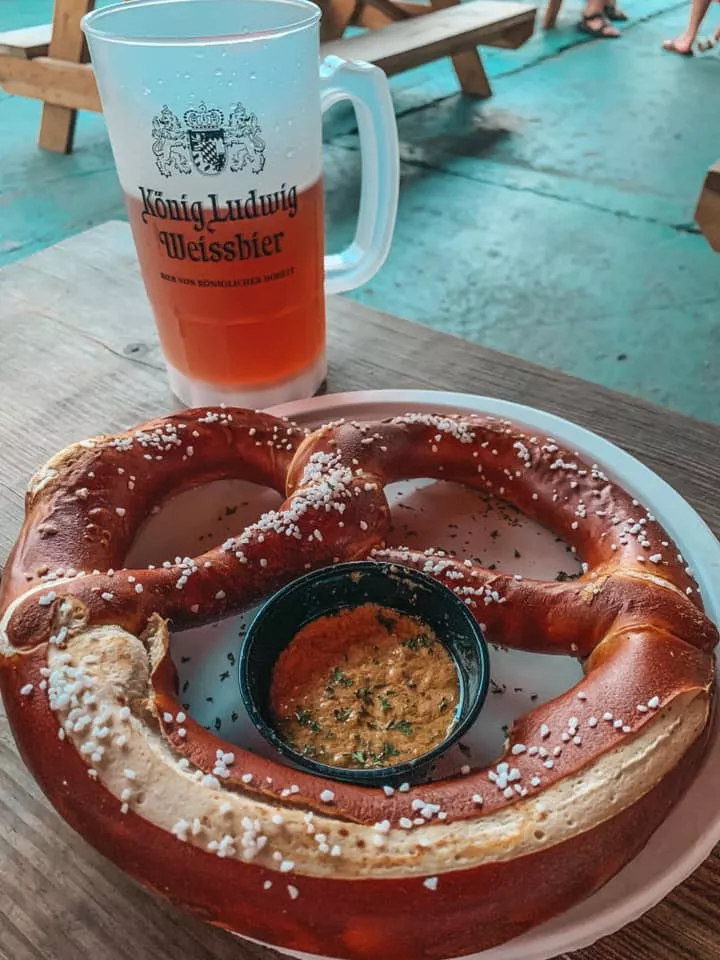 Large pretzel and beer from King Ludwigs in Helen, Georgia