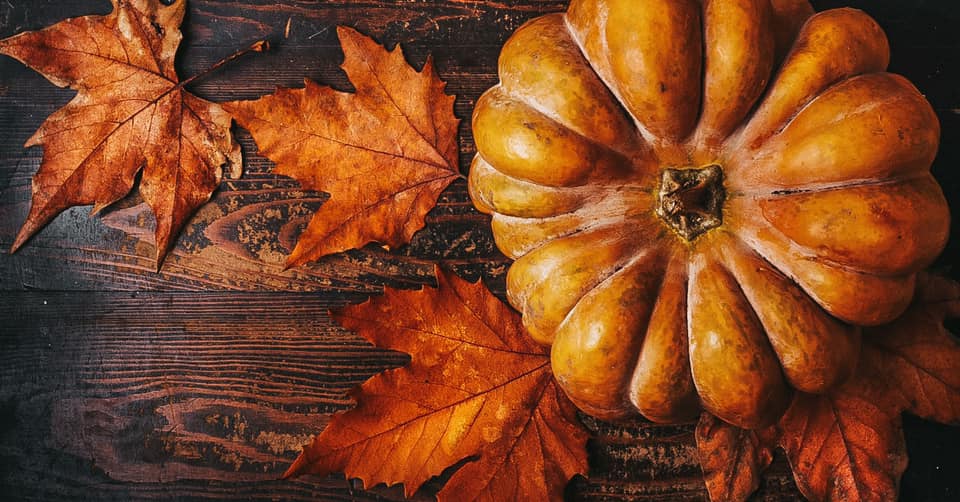 Fall aesthetic: pumpkin and some orange leaves