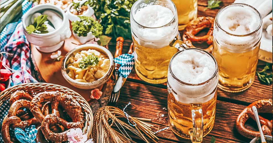 Oktoberfest flat lay with beer and German food