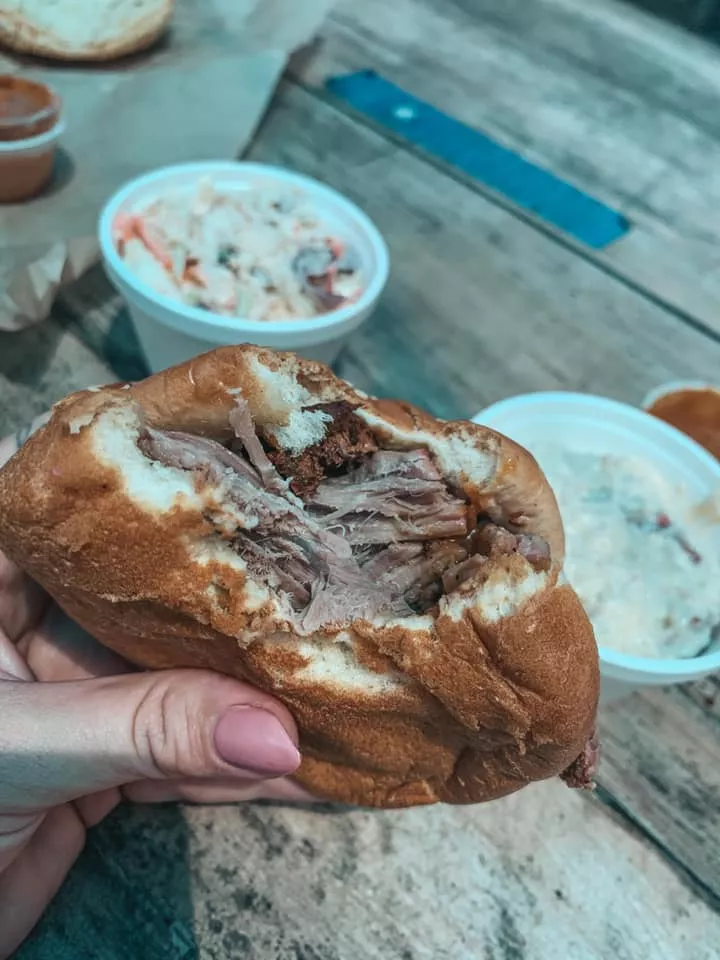 Pulled pork sandwich, coleslaw, and potato salad from Southern Soul BBQ on St. Simon's Island