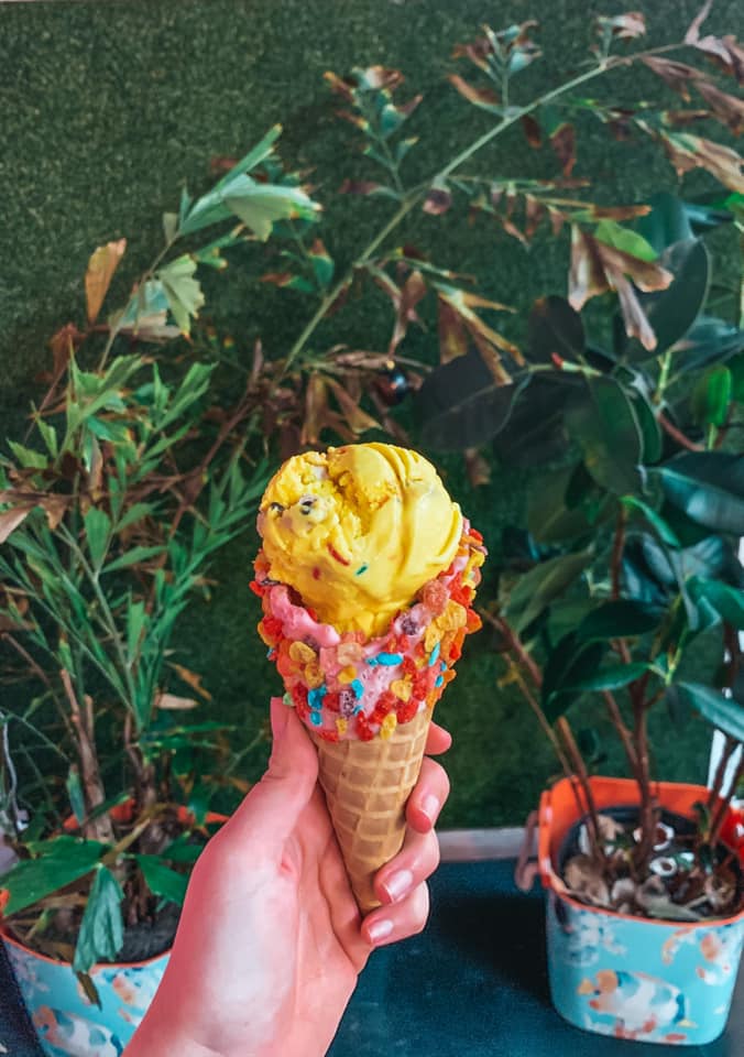 SpongeBob ice-cream in a fruity pebble coated cone from Seamaids Creamery