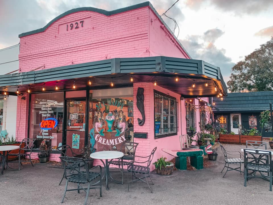 Pink building known as Sea Maids Creamery in Seminole Heights