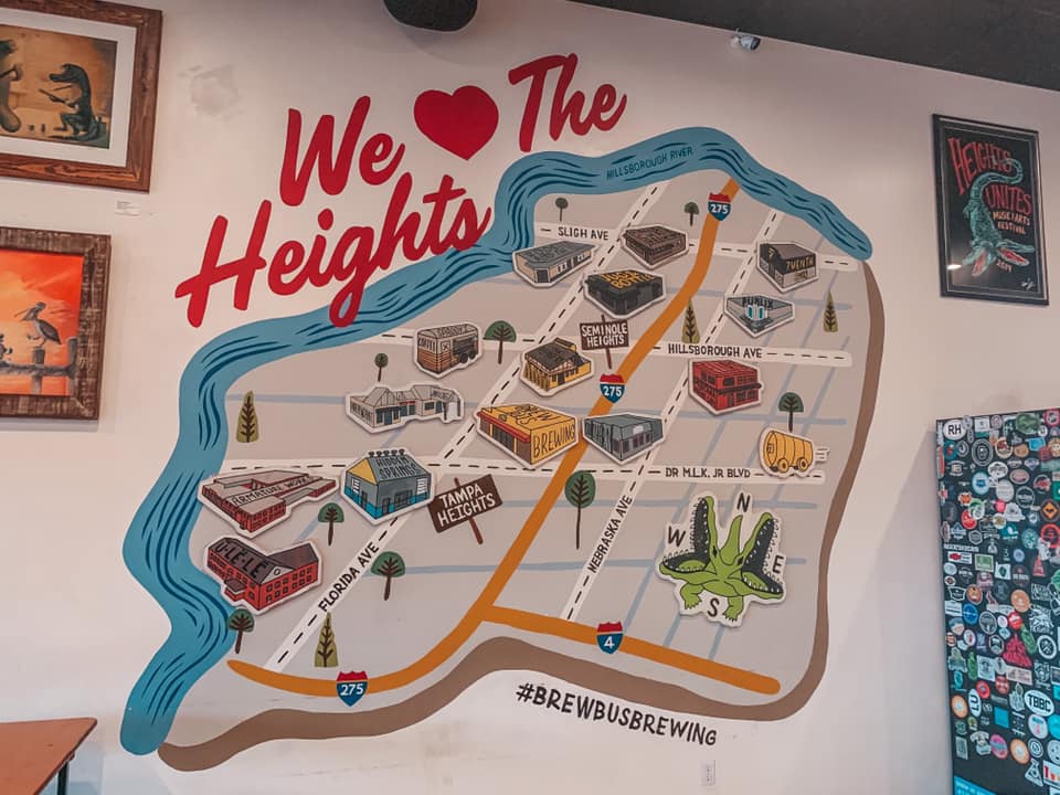 "We love the heights" mural inside of Brew Bus Tampa