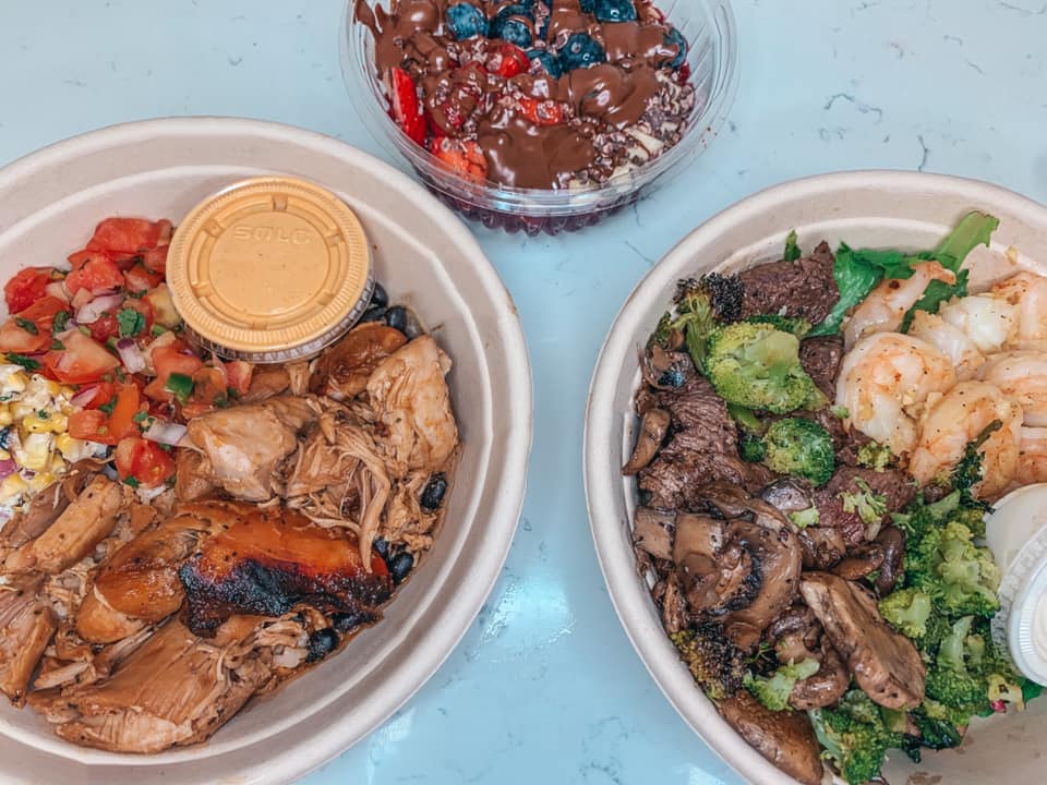 Chicken bowl, surf and turf bowl, and acai bowl from Harvest Bowl and Eatery in Seminole Heights