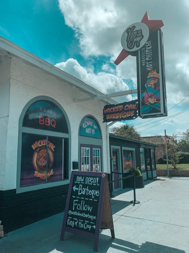 Front of King of the Coop and Wicked Oaks entrance. One of the best Seminole Heights restaurants for a hangover cure.