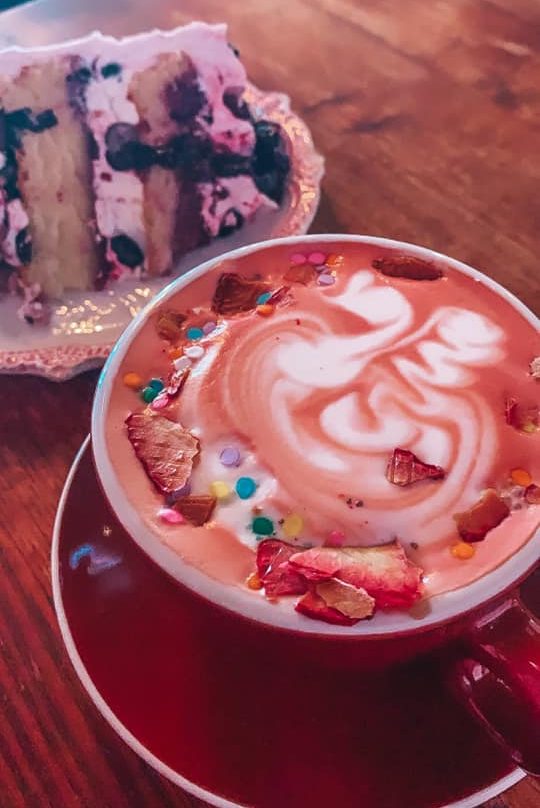 Strawberry shortcake latte with blueberry cake from Chocolate Pi in Tampa