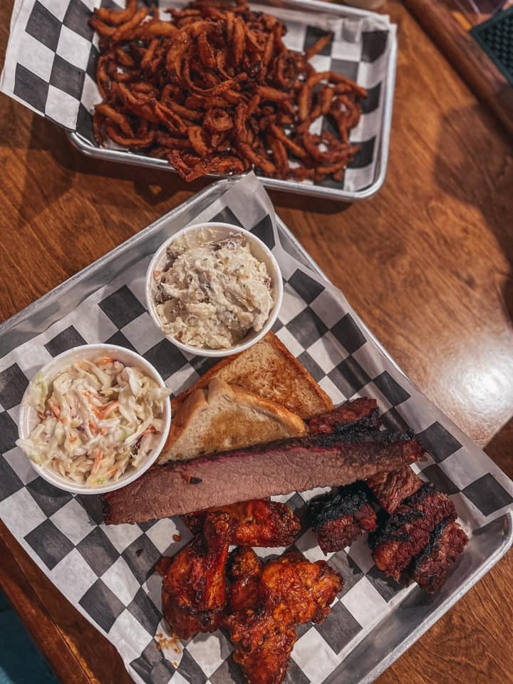 Brisket, coleslaw, potato salad, and burnt ends from Murky Waters BBQ