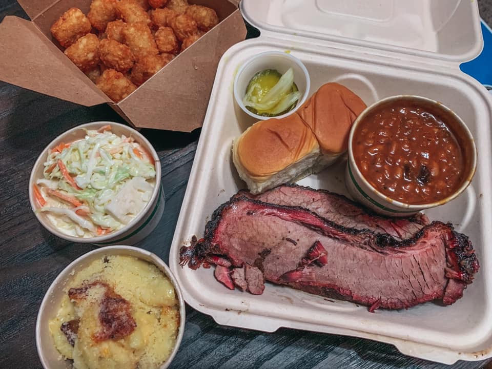 Brisket, baked beans, coleslaw, mac and cheese, and tater tots from Easy 'Que in Kailua