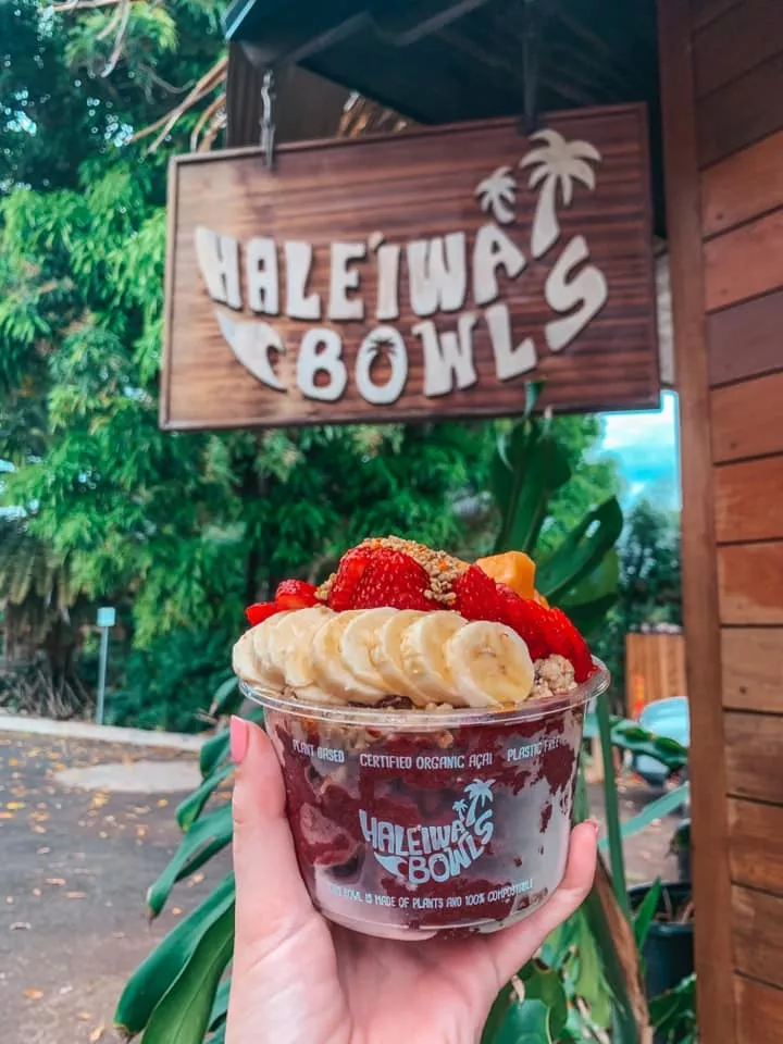 acai bowl with bananas and strawberries from Haleiwa Bowls