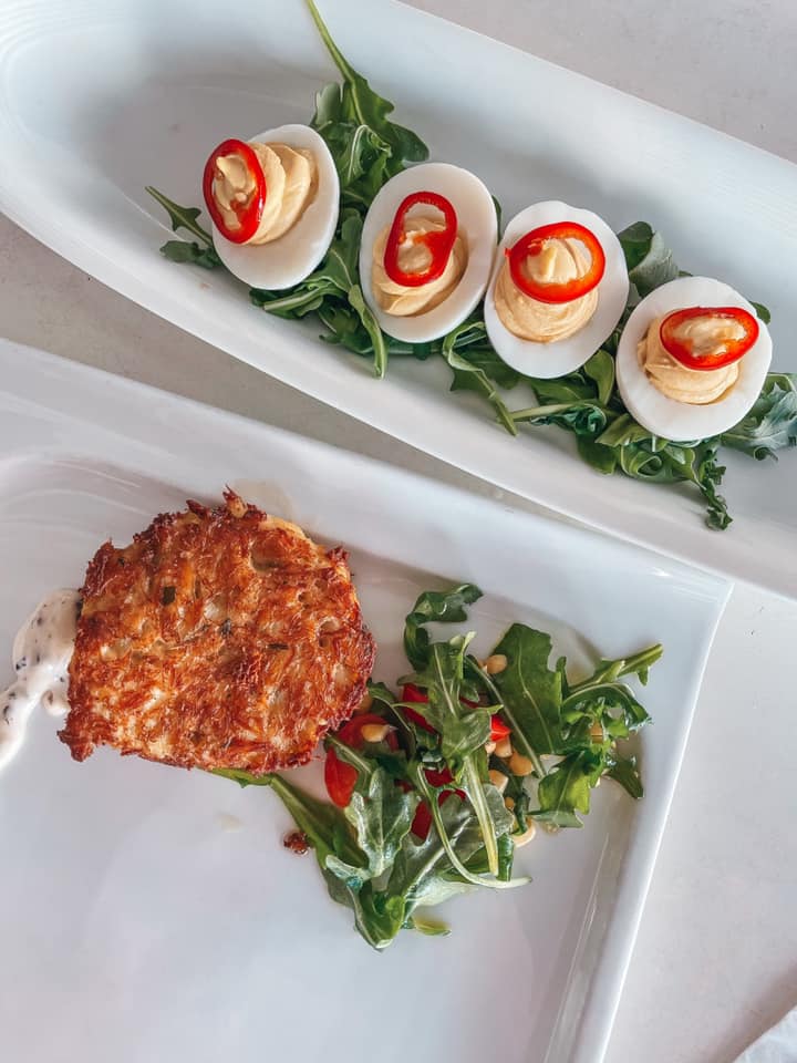 deviled eggs and crab cake from Sea Salt