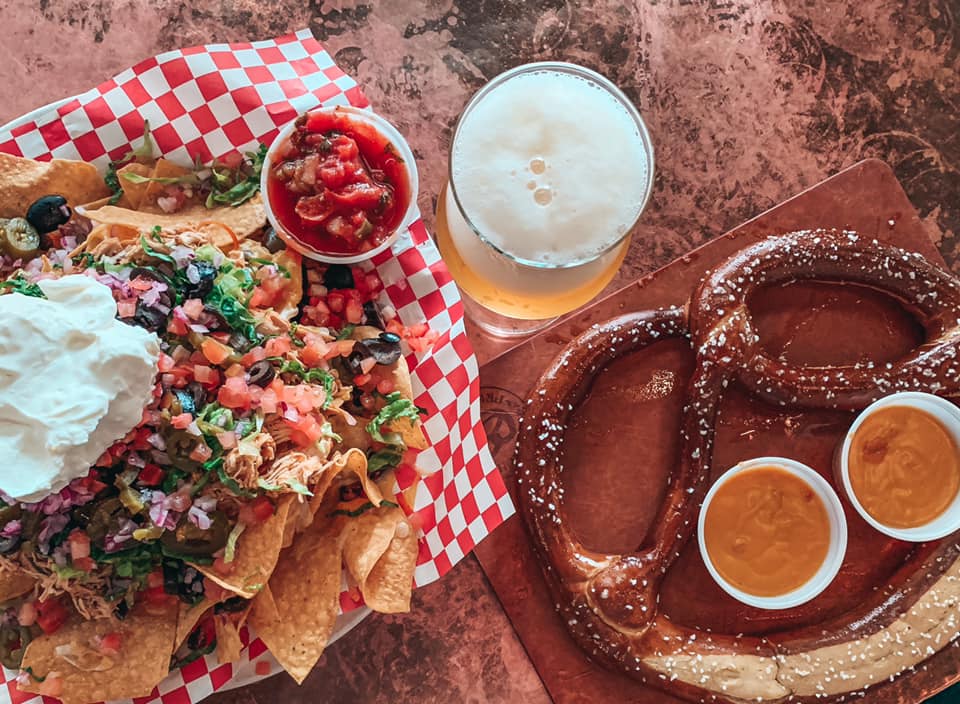 Giant pretzel and nachos from Bier Garden in Asheville