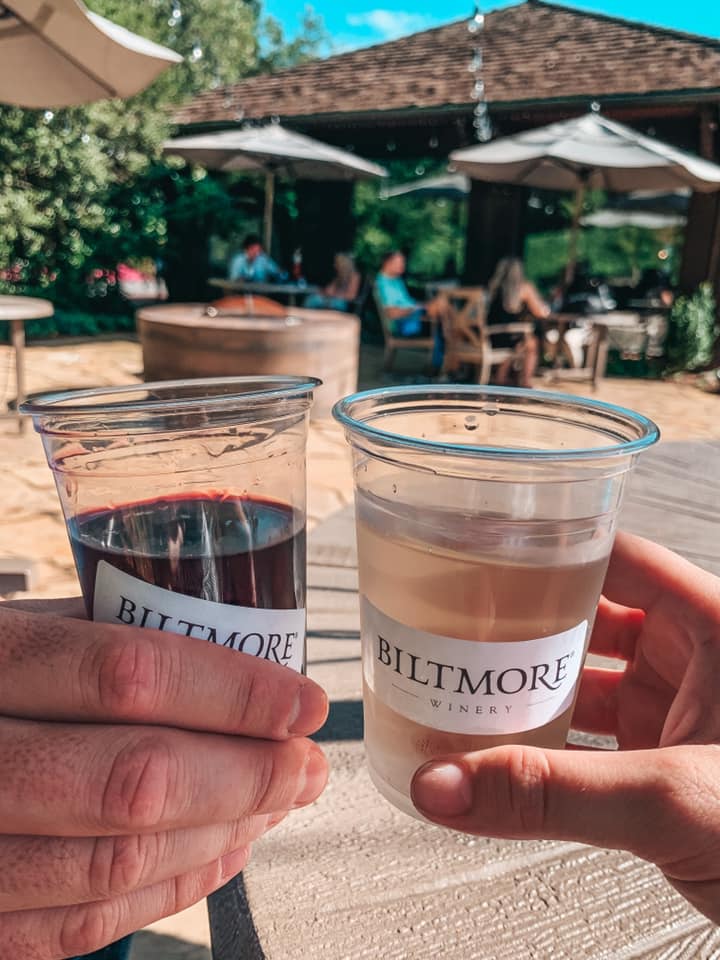 toasting a red and white wine at the Biltmore Winery