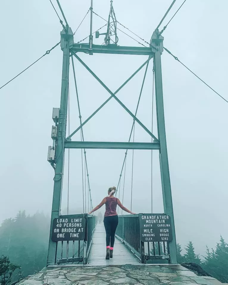 Foggy morning on Mile High swinging bridge at Grandfather Mountain