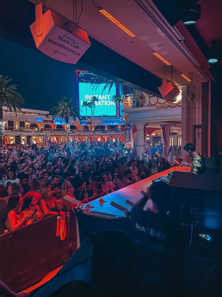 views from the DJ area at Encore Beach Club at night in Vegas
