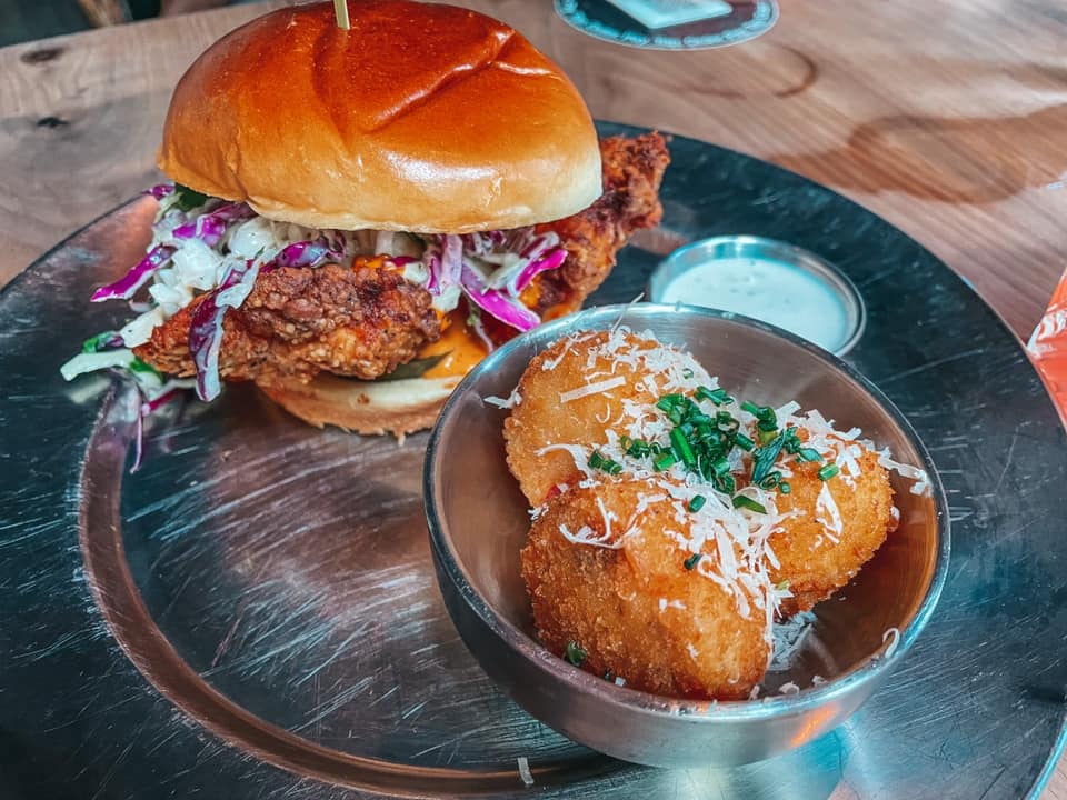 Buffalo chicken sandwich and mac and cheese bites from Eureka restaurant in Austin