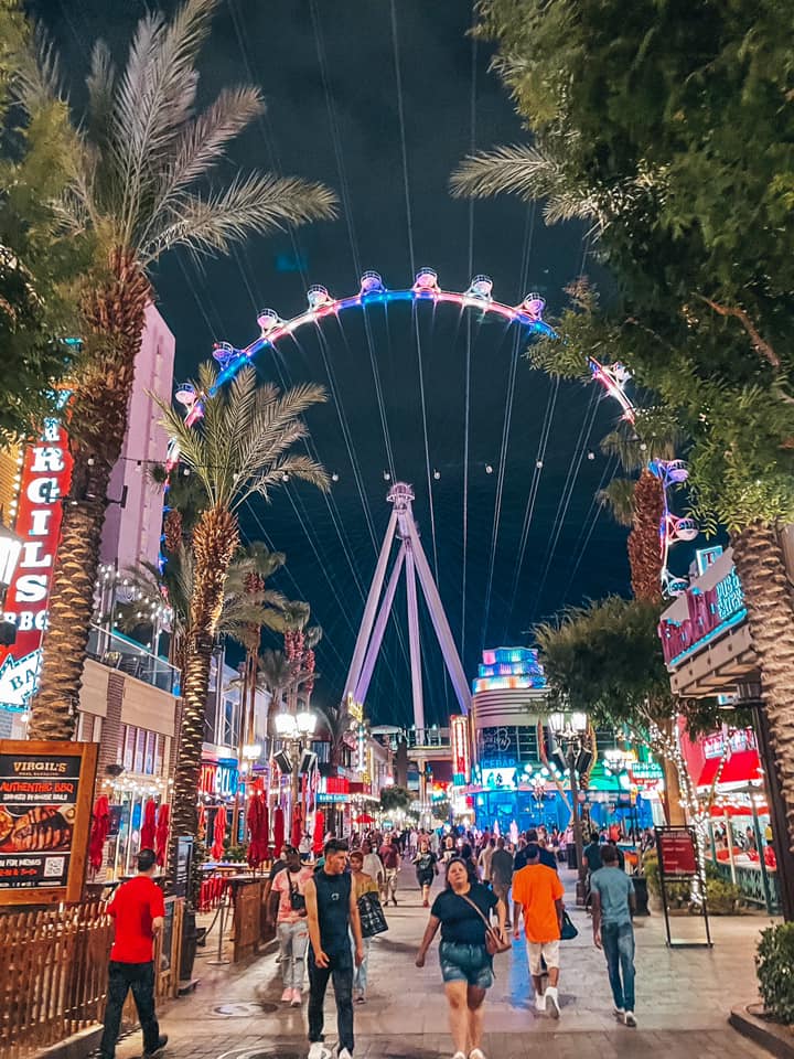 The Linq promenade with the observatory wheel lit up in the background