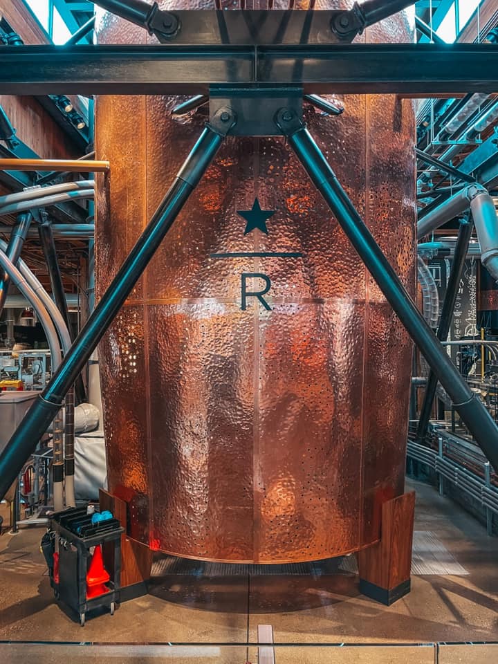 Seattle Starbucks Reserve Roastery copper cask for holding roasted coffee beans