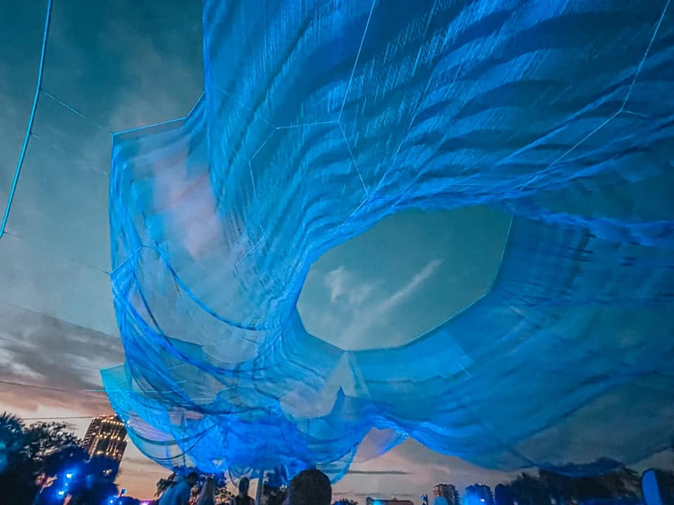 "Bending Arc" art installation at St. Pete Pier at dusk