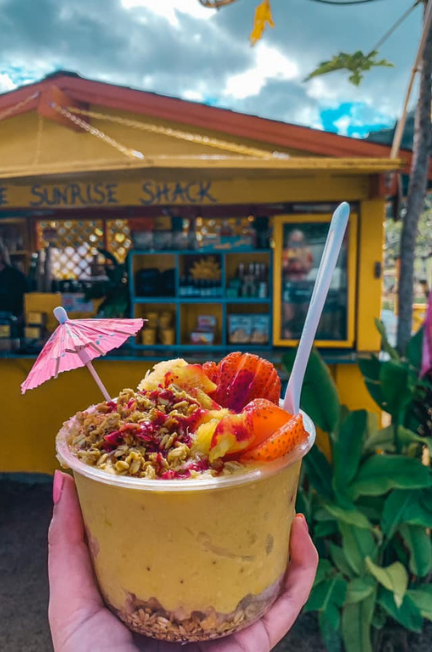 acai bowl at brightly colored Sunrise Shack in Oahu
