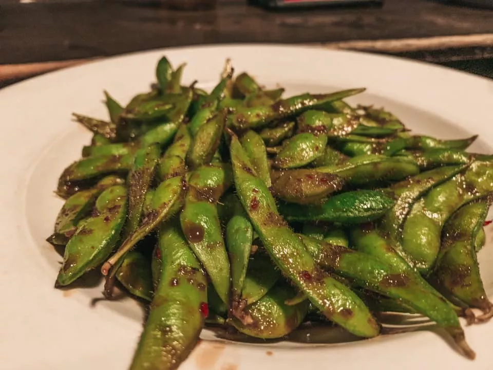 edamame with a chili Thai chili sauce