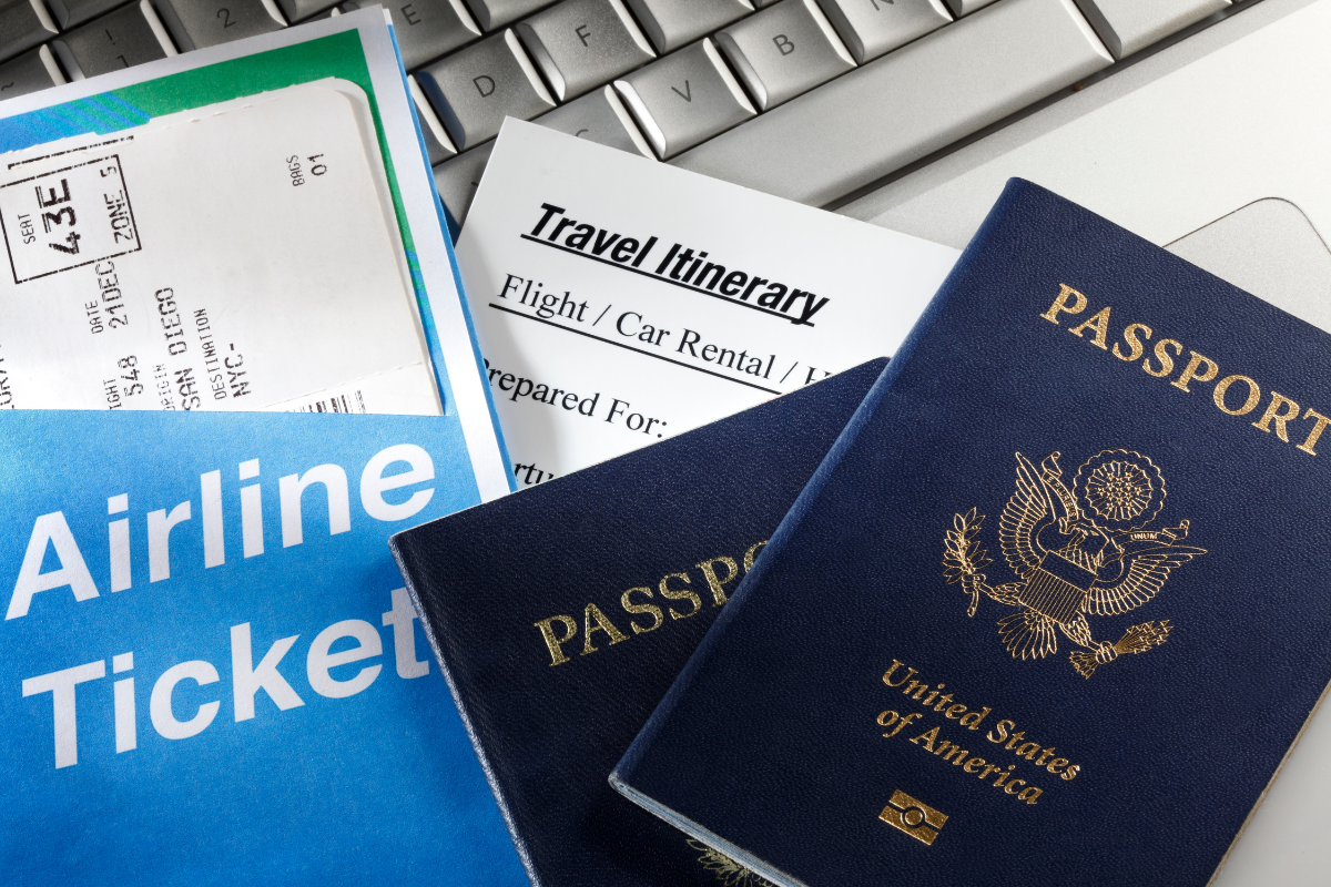 passport, travel itinerary, and airline tickets. Travel agents do the planning.