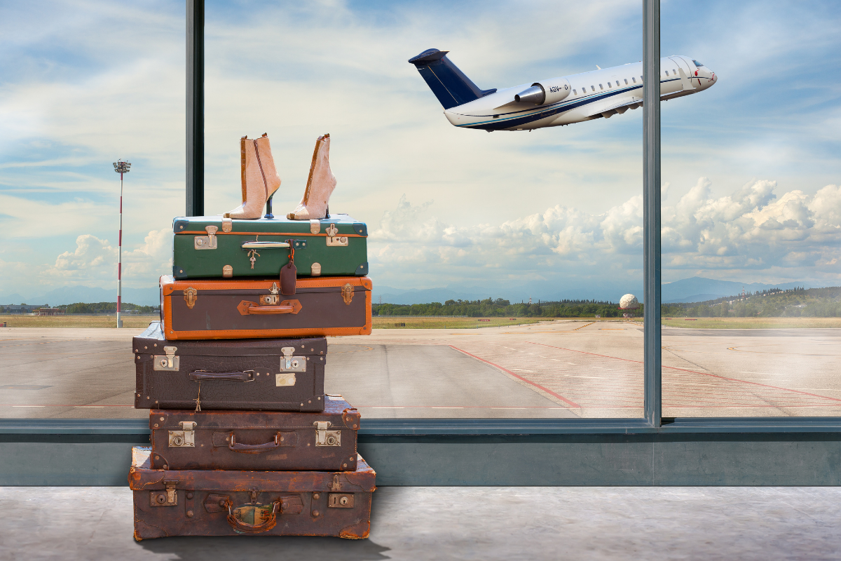 reasons to work with a travel agent, it makes life simpler. Luggage and airplane taking off.