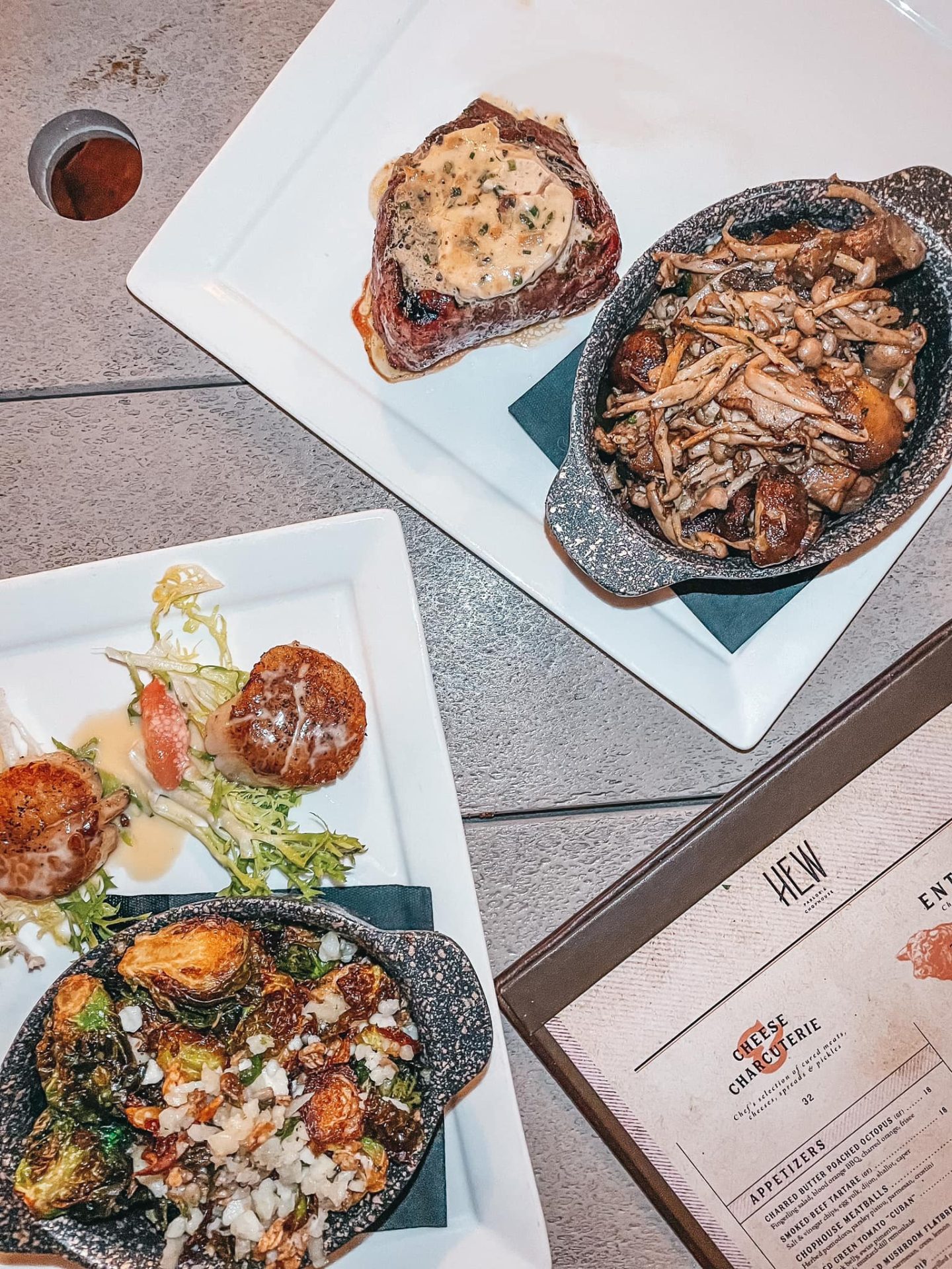 Brussel sprouts, mushrooms, and steak from HEW Chophouse restaurant in Dunedin