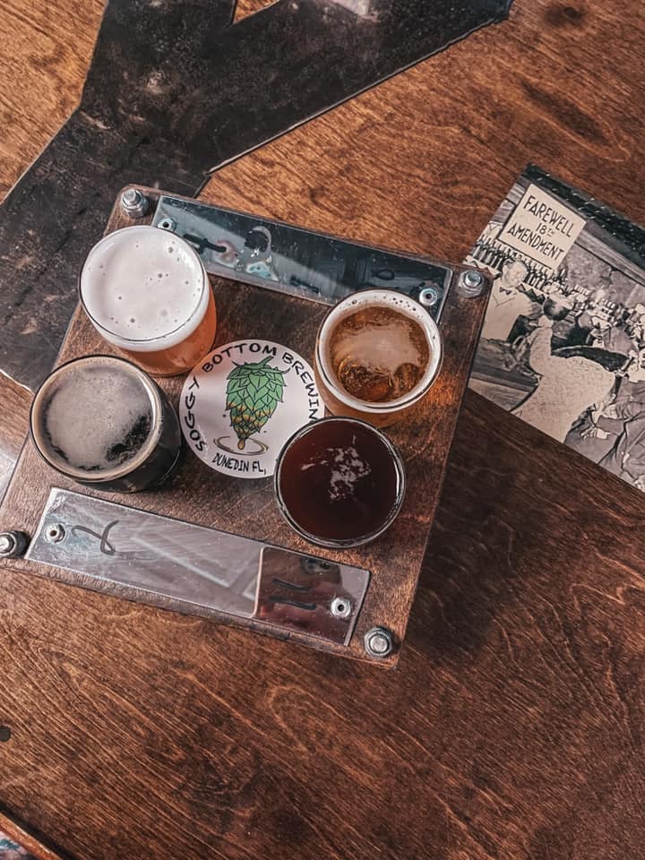 A beer flight with 4 different beers from Soggy Bottom Brewing in Dunedin