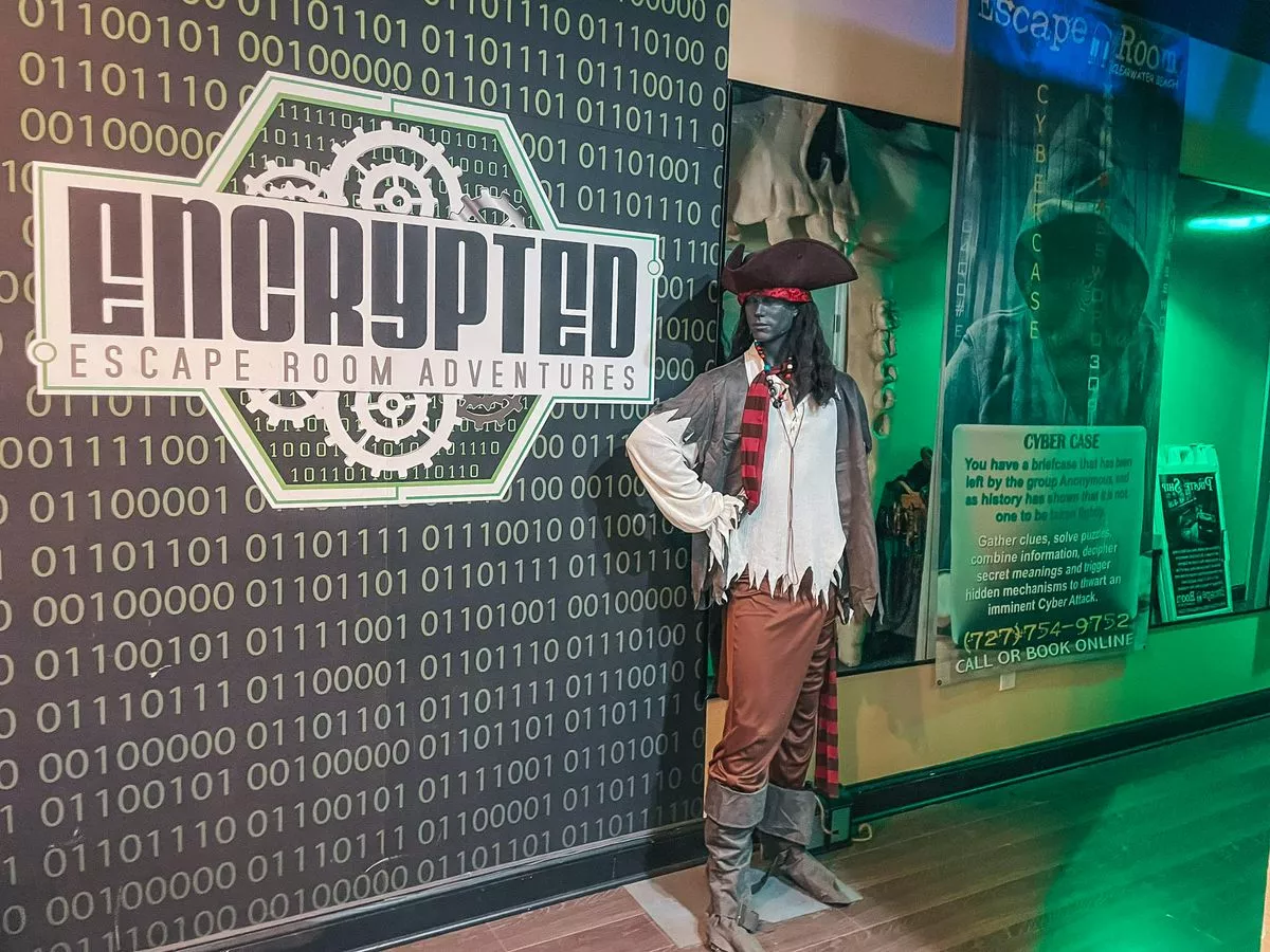 Pirate and code themed escape room entry way on Clearwater Beach