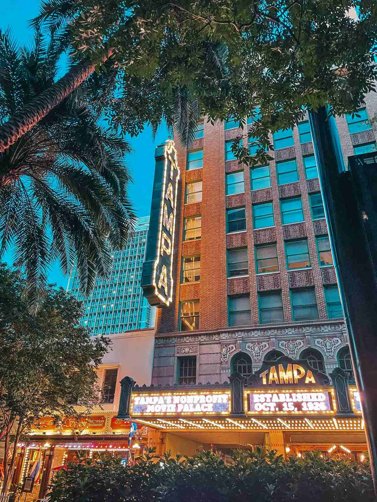 Tampa Theatre sign at dusk