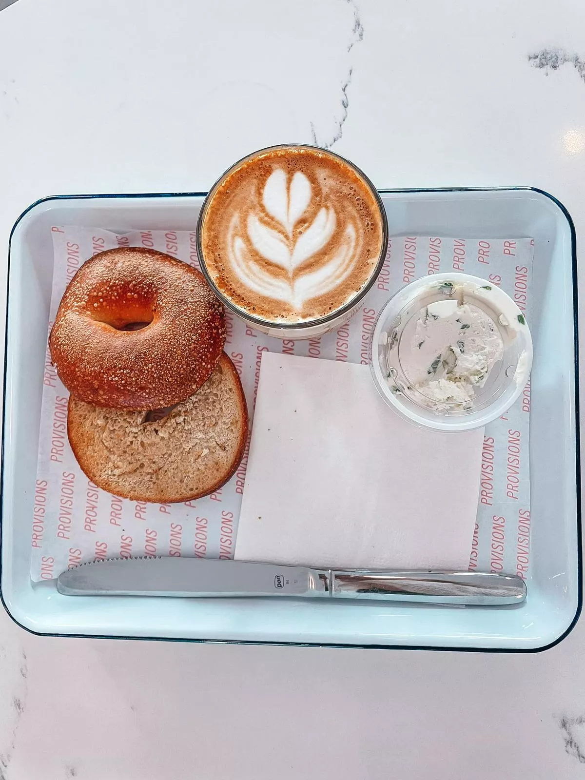 Willas Tampa bagel, cream cheese, and cappuccino